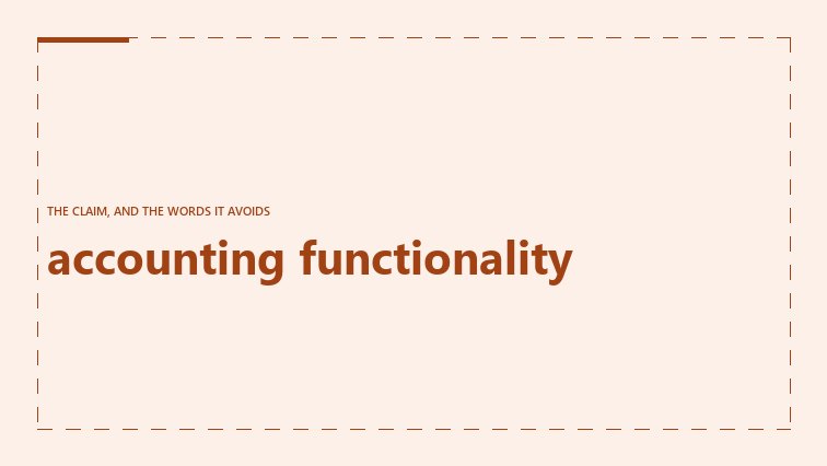 Cover graphic in a dashed frame: the phrase accounting functionality, with a note that the vendor page never uses the words general ledger and publishes no price.