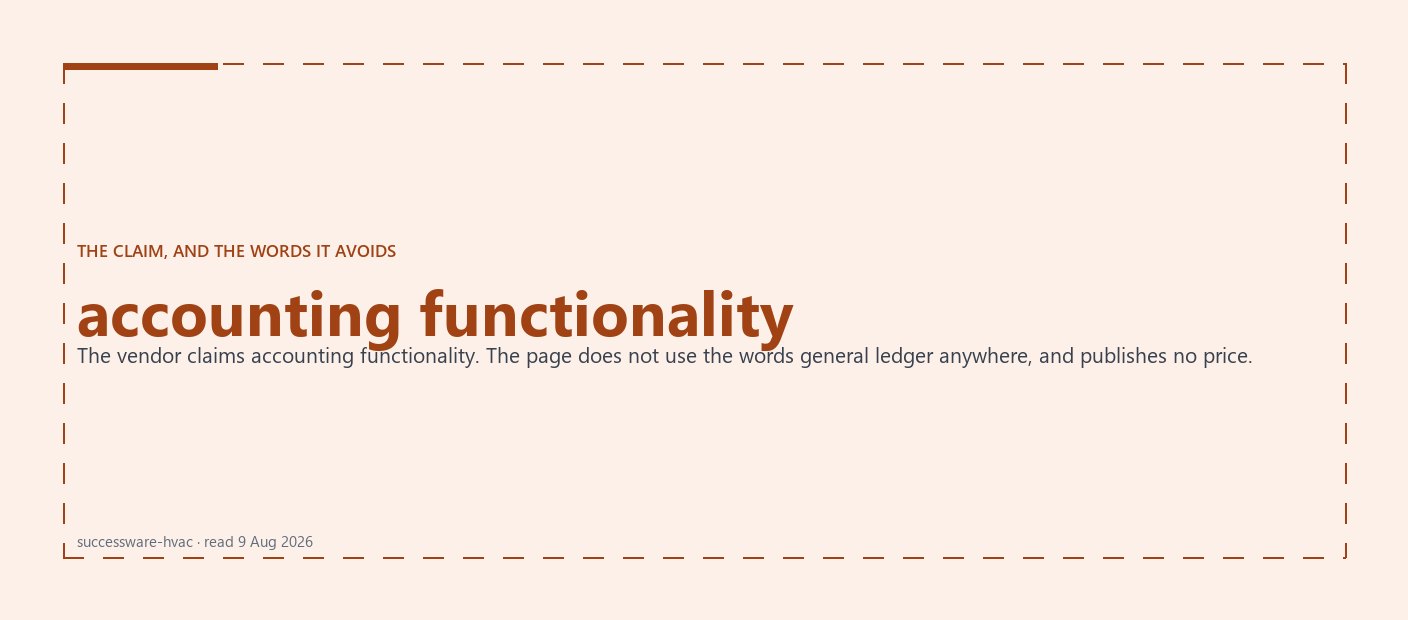 Cover graphic in a dashed frame: the phrase accounting functionality, with a note that the vendor page never uses the words general ledger and publishes no price.