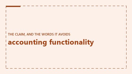 Cover graphic in a dashed frame: the phrase accounting functionality, with a note that the vendor page never uses the words general ledger and publishes no price.