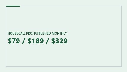 Cover graphic: Housecall Pro's three published monthly prices, 79, 189 and 329 US dollars.