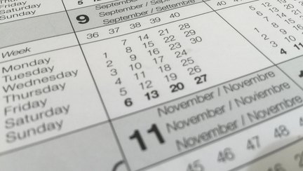 A close-up of a printed monthly calendar page showing the numbered days of the week.